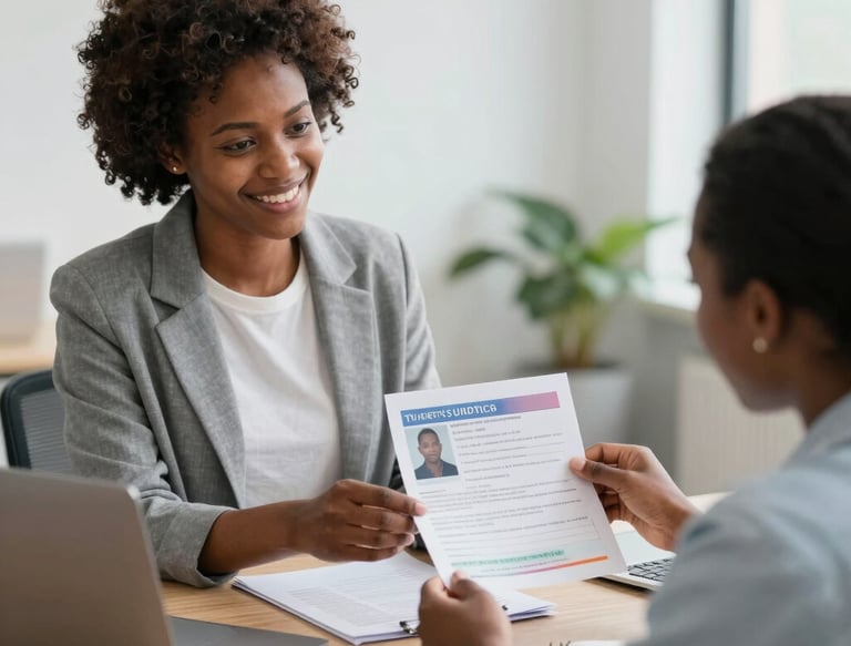 Professional consultant assisting a client with paperwork in a modern office setting.