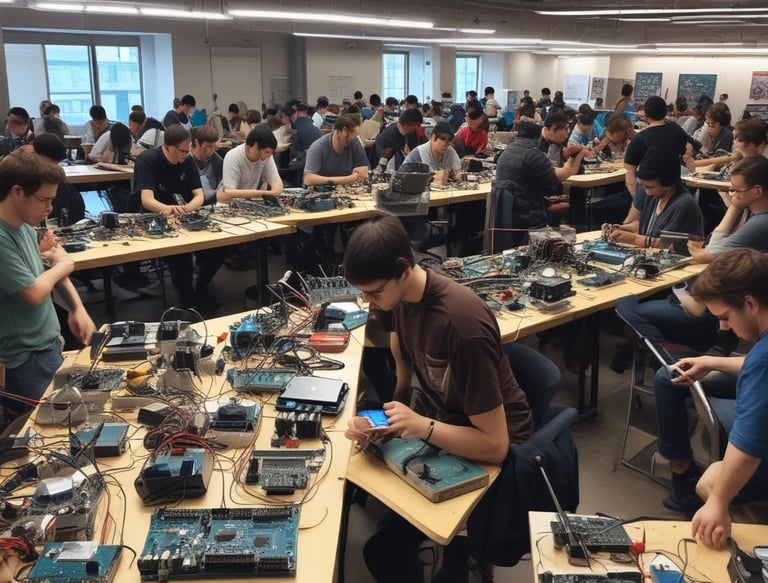 Photo of a neatly organized workspace with various electronic components and DIY kits.