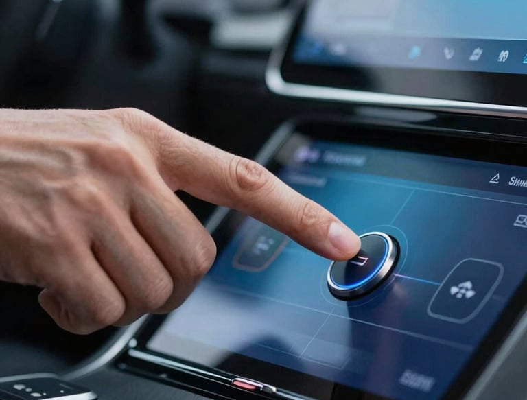 A sharp, clear photograph of a person's hand pressing a button on a sleek automotive touch display, reflecting colors of Muted Cerulean and Steel Blue.