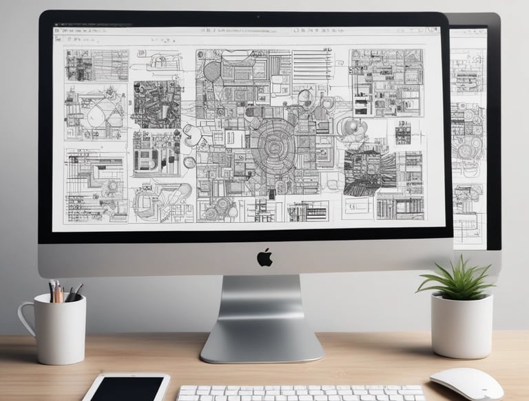 Office team collaborating on a digital project with computers and sketches.
