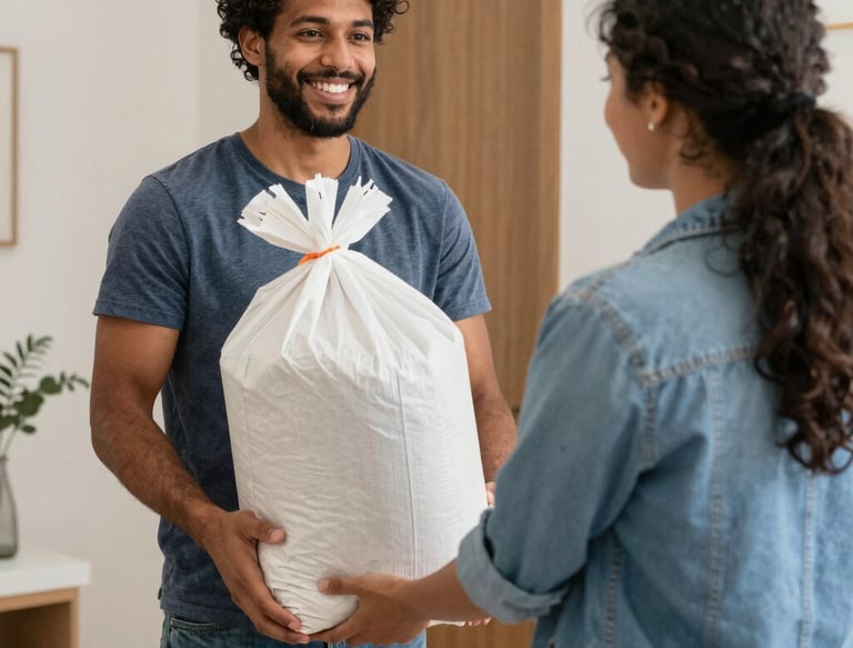 Friendly delivery person handing over a bag of ice outside a local restaurant.