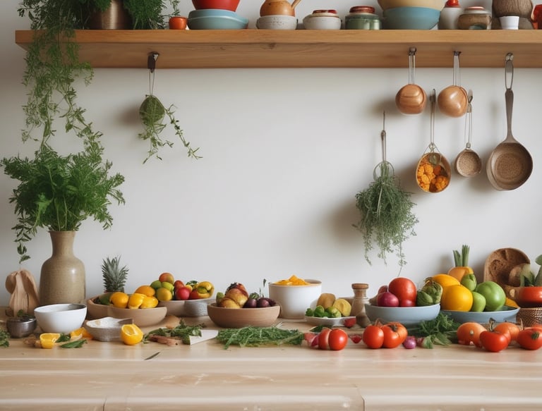 A cozy workspace with a laptop open to a diet blog, surrounded by healthy foods.