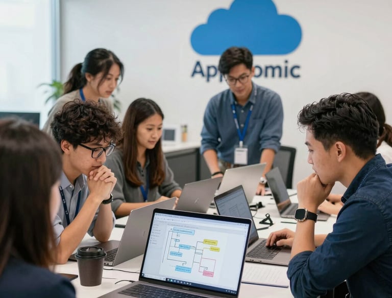 A vibrant office scene showing a team (Filipino collaborating over cloud service designs on laptops.