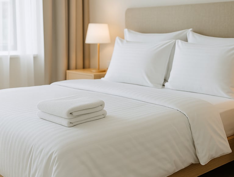 Luxury hotel bed with crisp white bed sheets and premium hotel linens in a modern Amsterdam hotel ro