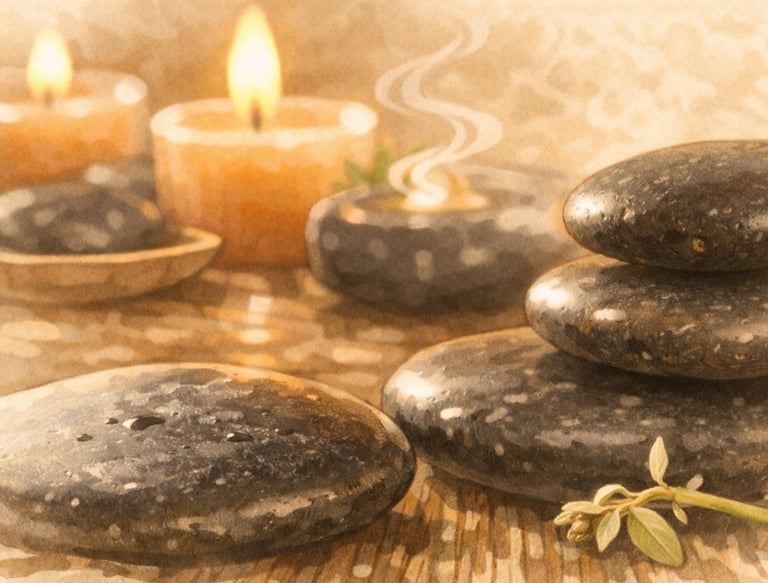 Ilustración oriental minimalista con piedras calientes y velas en calma.