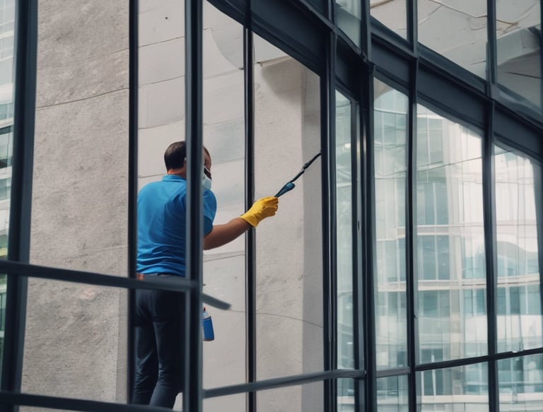 A professional cleaner in uniform carefully wiping down a modern office desk.