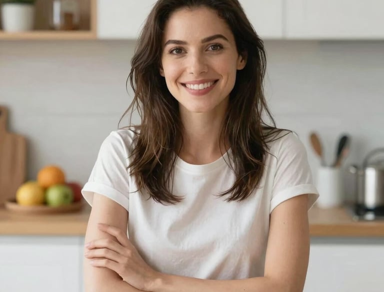 A happy customer wearing Atelier Lumina clothes walking confidently through a city street.