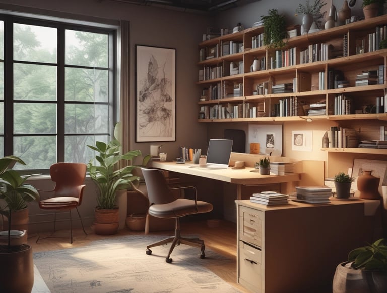 A warm, inviting workspace with architects collaborating over blueprints and models.