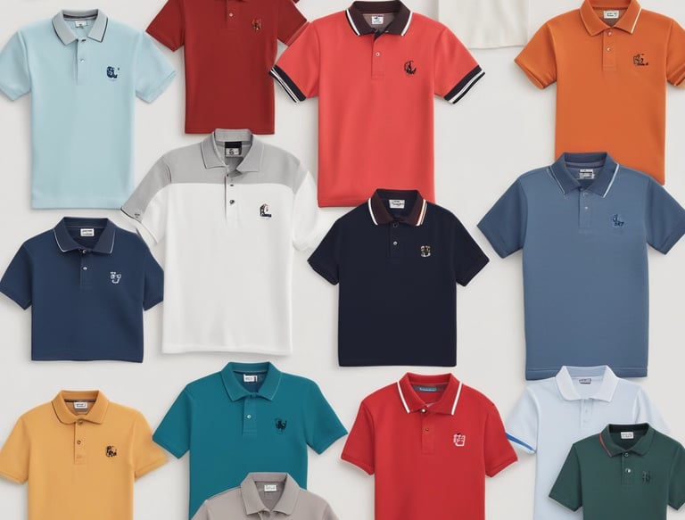 A vibrant display of customized corporate t-shirts neatly arranged on hangers in a bright, modern workspace.