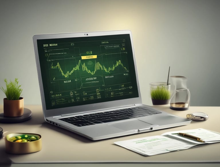 A cozy workspace with a laptop displaying digital analytics and notes scattered around.