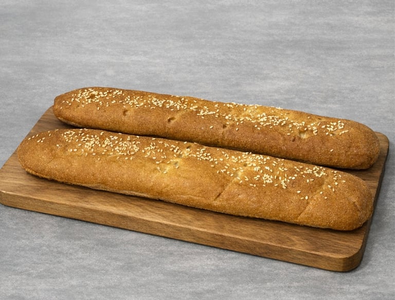 Two long, golden-brown sesame seed baguettes on a wooden cutting board with a grey background.