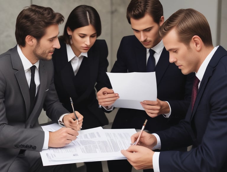 Equipo de personas que son abogados en posición de pie y brazos cruzados demostrando fuerza