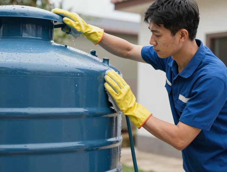 Professional team cleaning a large water tank with modern equipment under bright lighting.