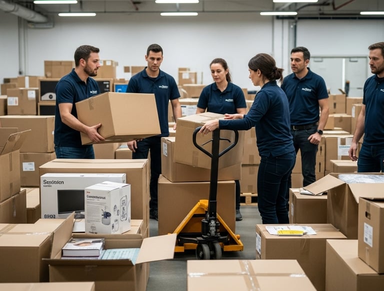 Warehouse logistics team moving cardboard boxes for shipping and distribution services.
