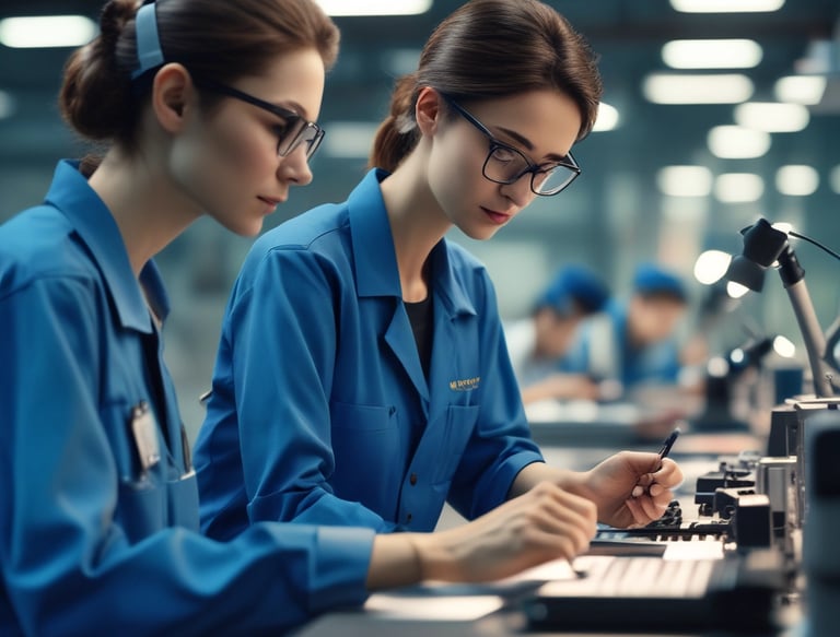 A professional inspector carefully examining products in a busy Chinese manufacturing facility.