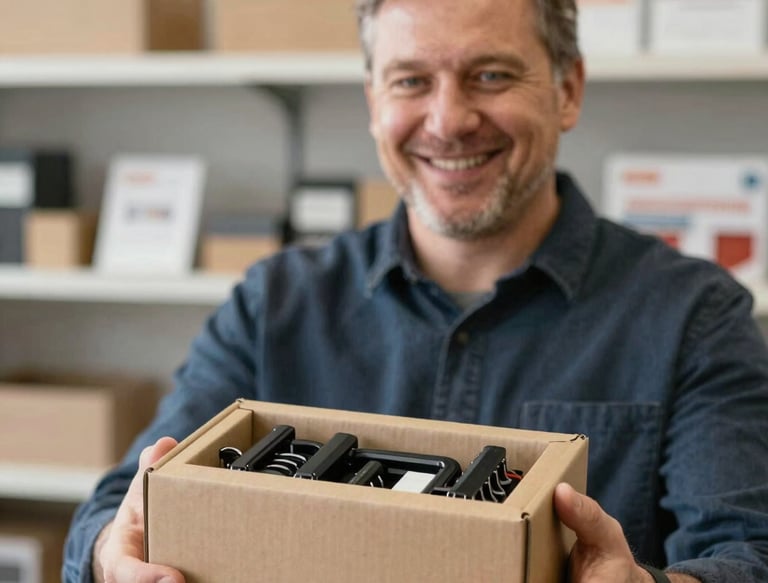 Smiling customer holding a package from velocevibe in a garage setting.