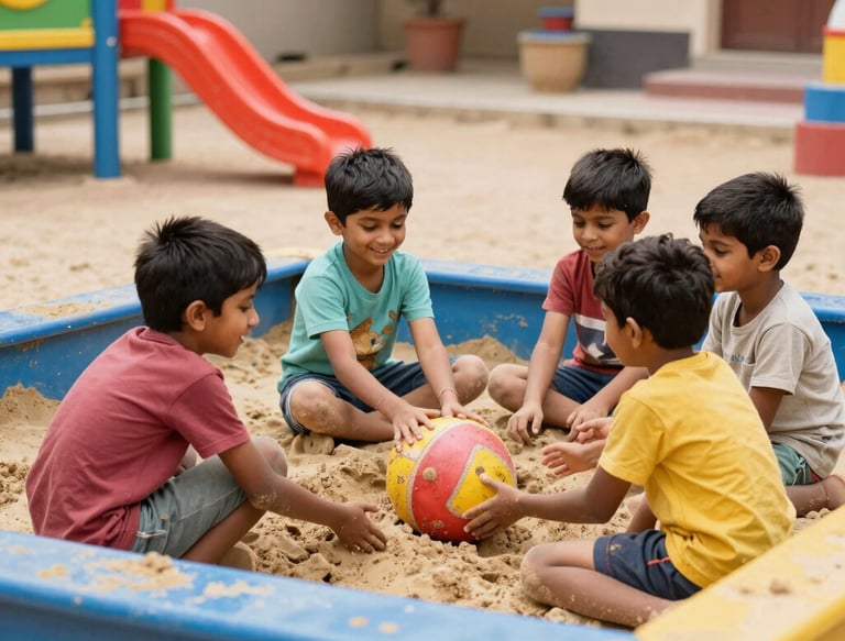 Indian Children happily playing in a colorful sandpit surrounded by playful equipment.