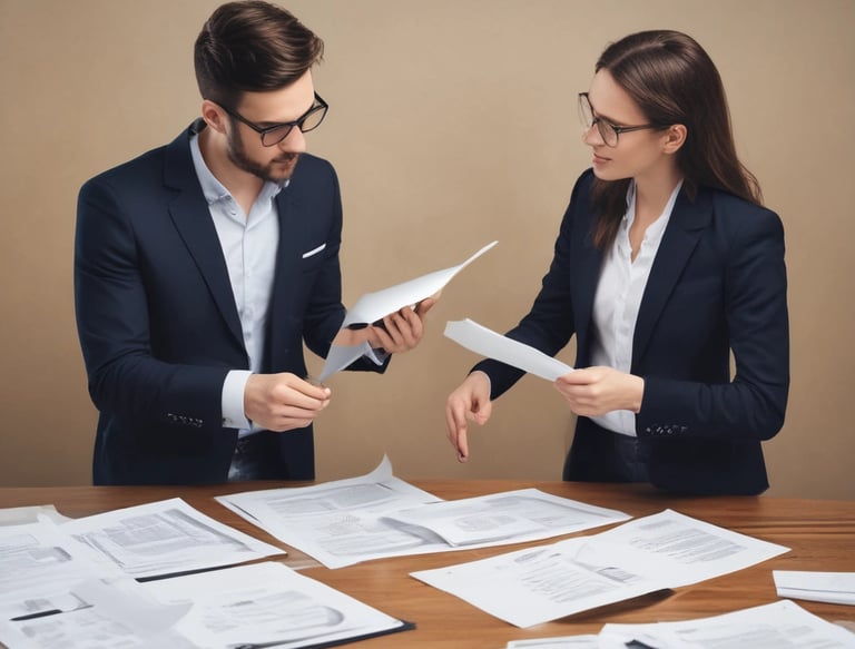 A professional team collaborating over digital contract documents on a tablet.