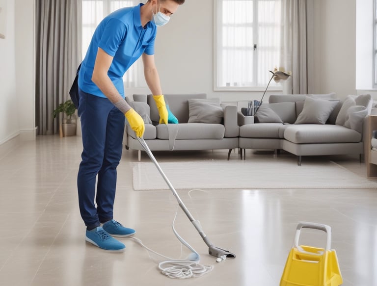 A friendly cleaner in uniform smiling while tidying a bright, cozy London living room.