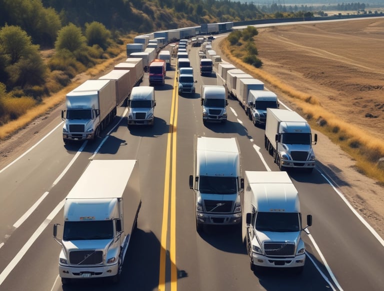 A logistics specialist coordinating routes with a fleet of trucks in the background.