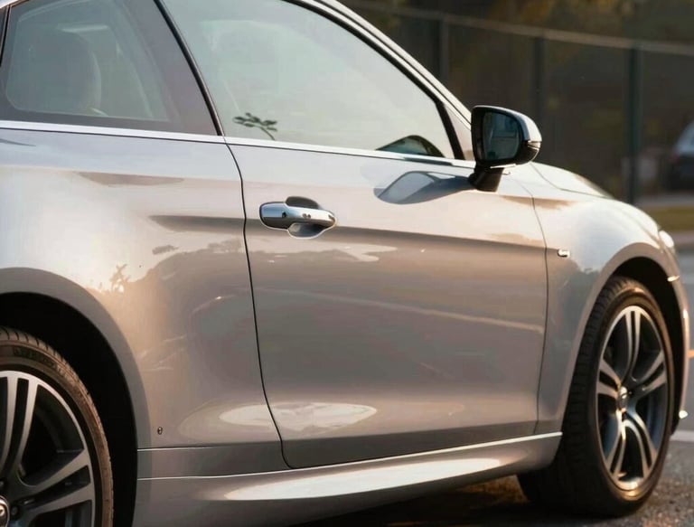 Before and after side-by-side shots of a car's exterior showing dramatic polish and shine.