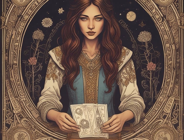 A warm, inviting tarot reader gently shuffling cards at a cozy wooden table.