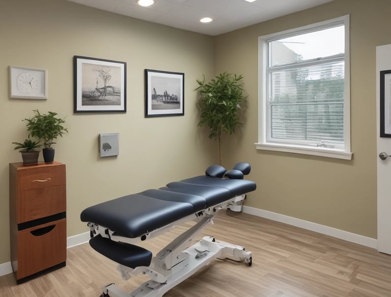 A bright, welcoming treatment room with modern chiropractic equipment and natural light.