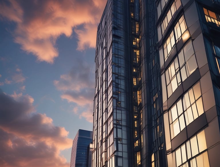Elegant modern luxury building facade at dusk with subtle golden lighting accents.