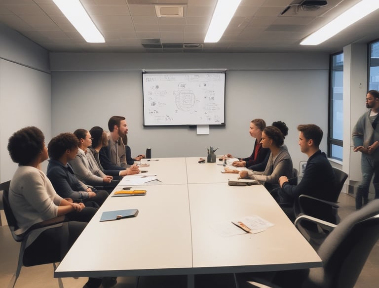 A warm meeting between hospital leaders and community members in a small town conference room.