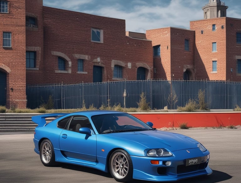 High-definition image of a sleek blue sports car engine with technological accents.