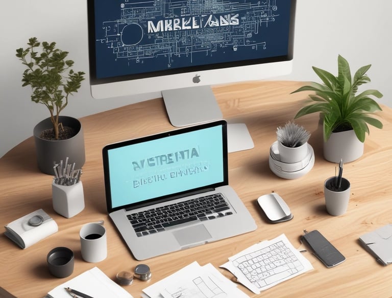 A cheerful virtual assistant icon surrounded by marketing tools and charts.