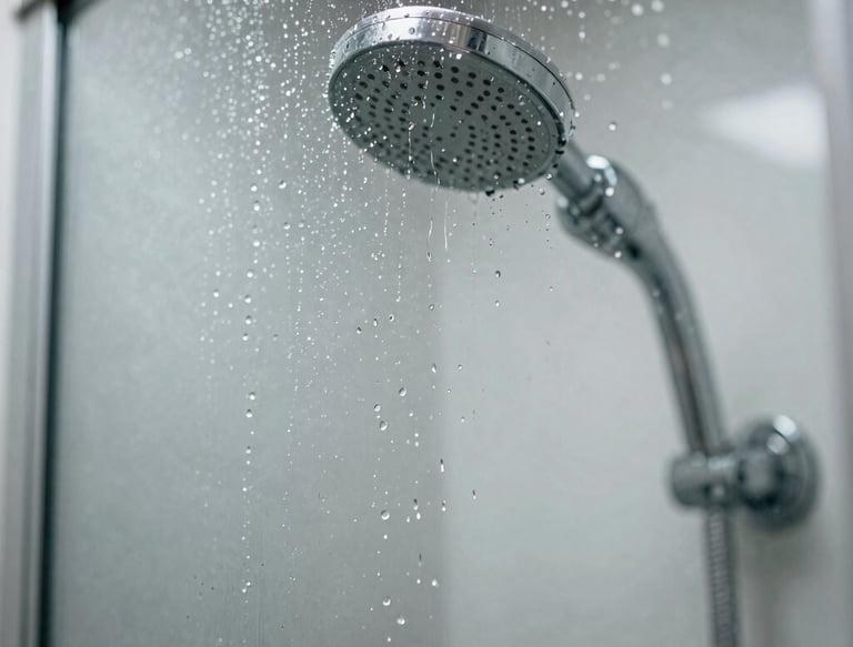Close-up of a sleek Aquavanta shower aerator installed on a modern faucet with water flowing gently.