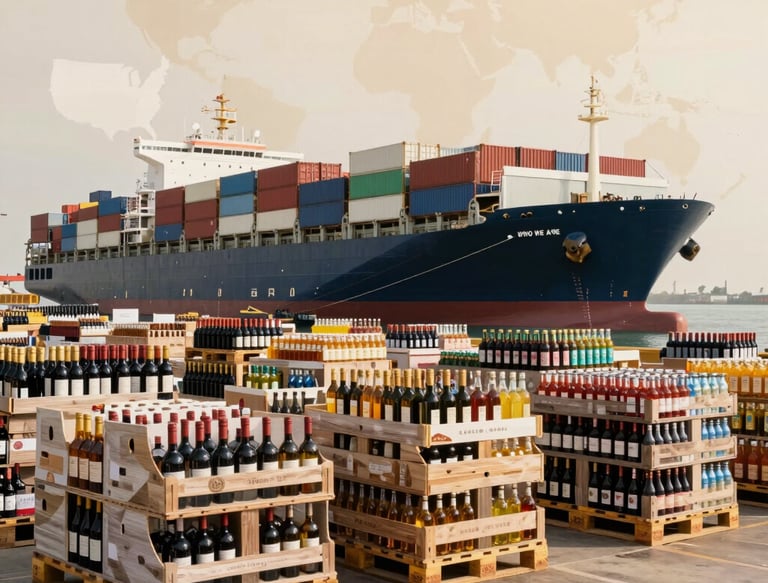 A cargo ship loaded with containers sailing from a US port, symbolizing international beverage logistics.