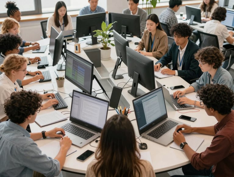 A diverse team of programmers collaborating around a modern workspace with laptops and coffee.