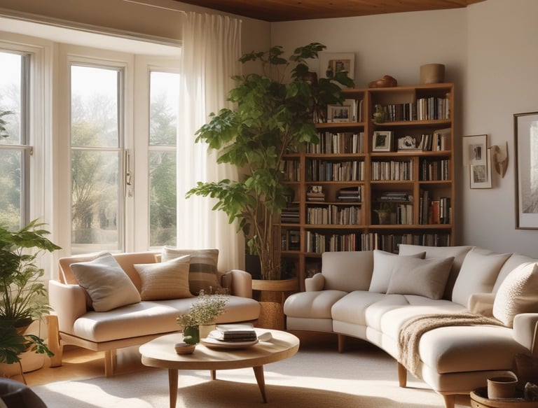A cozy living room with soft ivory walls, warm wood accents, and plush cushions bathed in natural light.