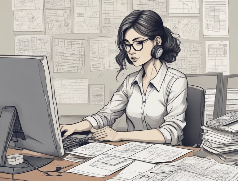 A friendly bookkeeper working on a laptop with receipts and invoices spread out.