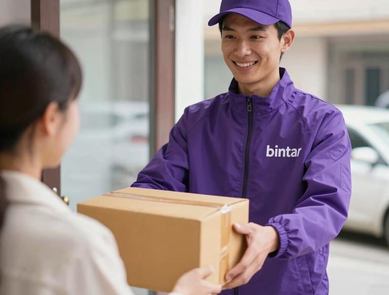 A friendly local grocery store with a delivery person handing over a shopping bag to a happy customer at home.