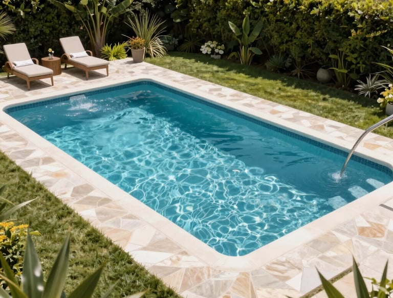 A friendly technician cleaning a residential pool under bright sunlight.