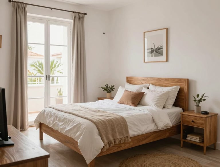 Professional cleaning equipment arranged neatly beside a sparkling clean living room window overlooking the Mediterranean coast.