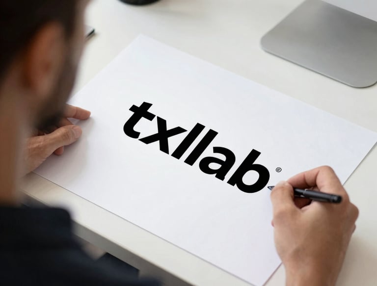 A creative workspace with sketches and digital tools for logo and video design.
