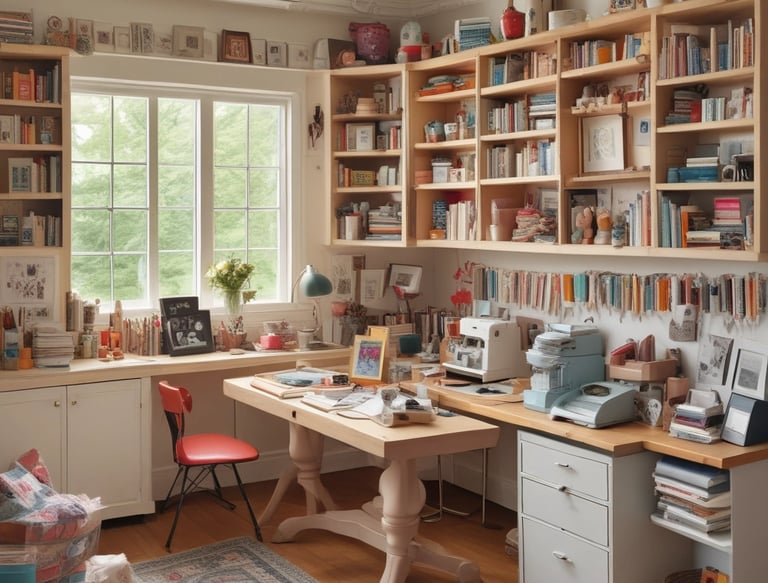 A cozy workspace with beige tones, featuring art supplies and 3D printed keychains.