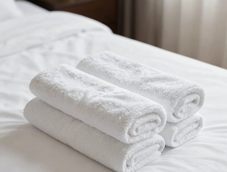 Smiling hotel receptionist handing over clean towels to a guest at the front desk.