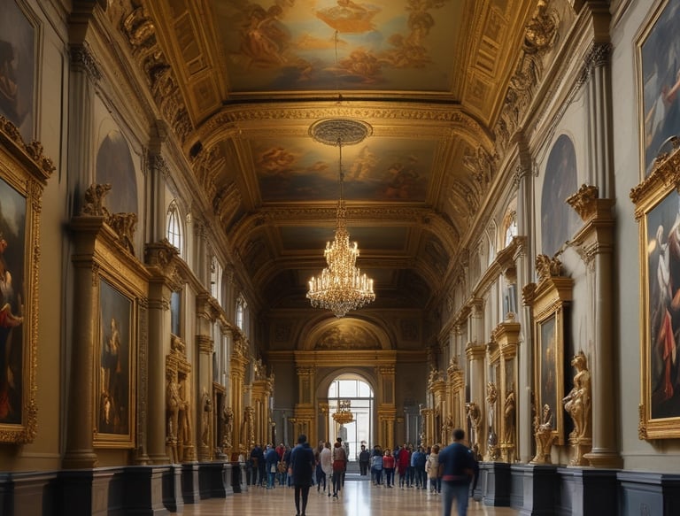 A serene gallery space with white walls showcasing vibrant impressionist paintings and modern digital displays.