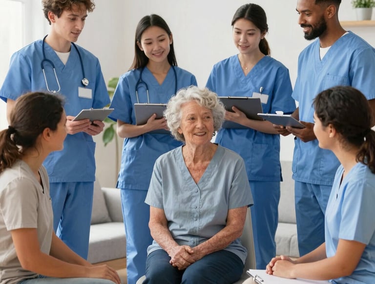 A diverse group of professionals chatting and smiling in a bright office space.