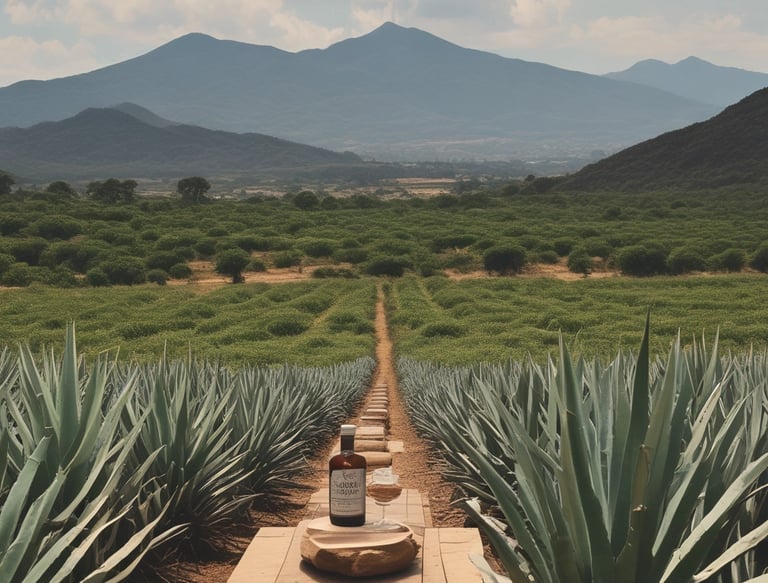 Rustic wooden barrels and mezcal bottles arranged in a traditional Oaxacan palenque setting.