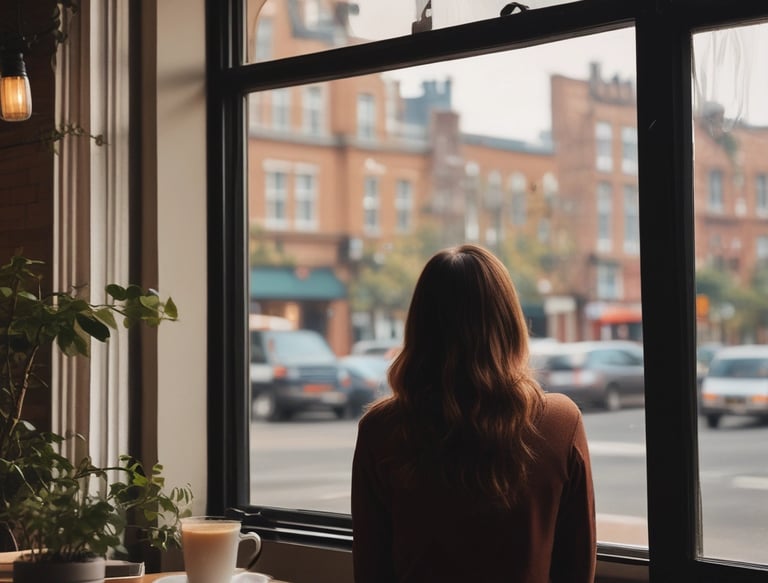 Ziv Katina smiling warmly while writing in a cozy café filled with travel mementos.