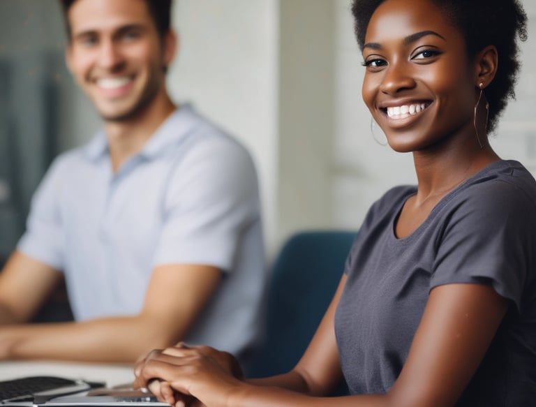 Smiling Black businesswoman working in a modern office with a diverse colleague.