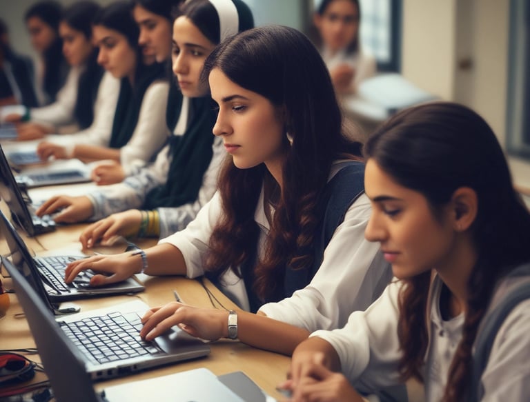 A diverse group of students engaged in a hands-on computer course in a bright, modern classroom.
