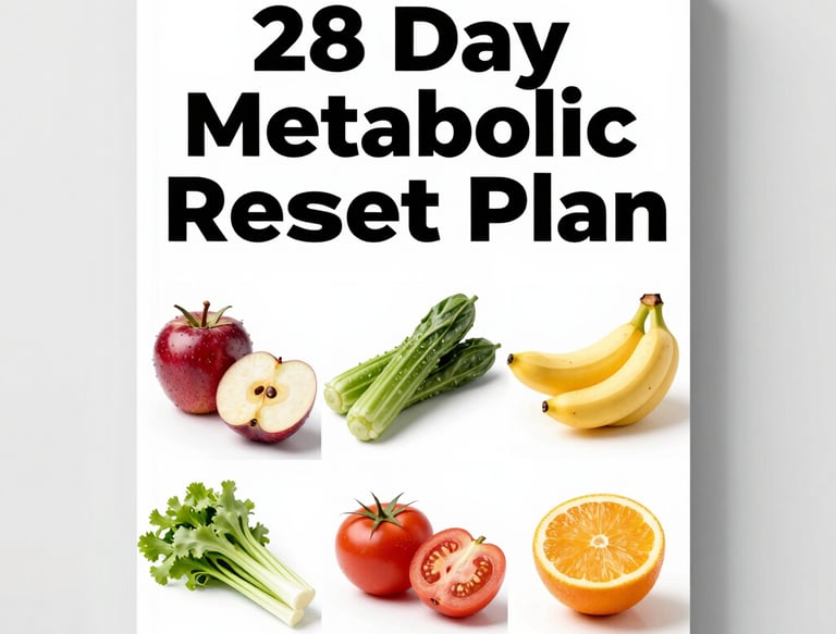 A friendly person holding a smartphone displaying the metaboreset 28-day reset plan interface.