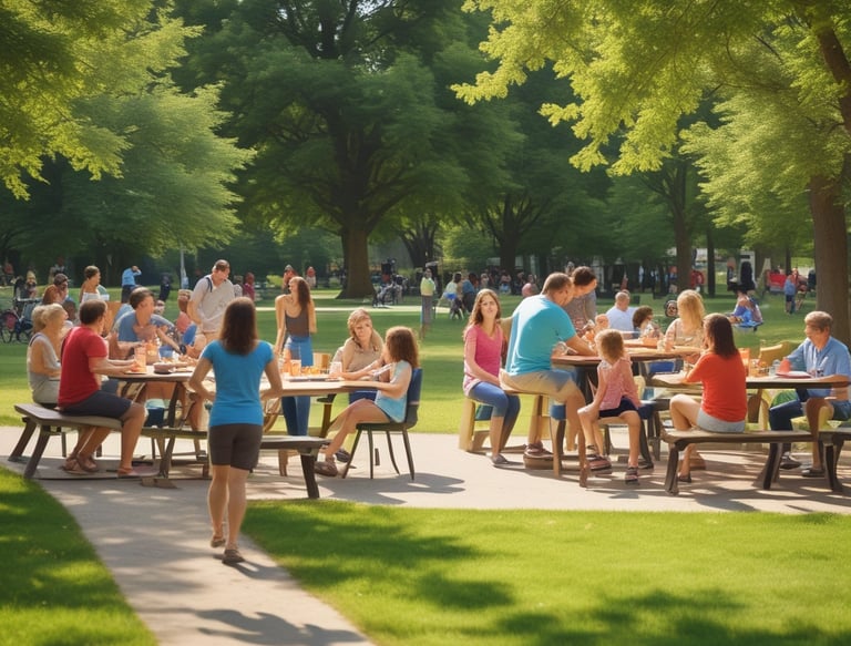 A diverse group of smiling people gathered in a community meeting, discussing health plans.